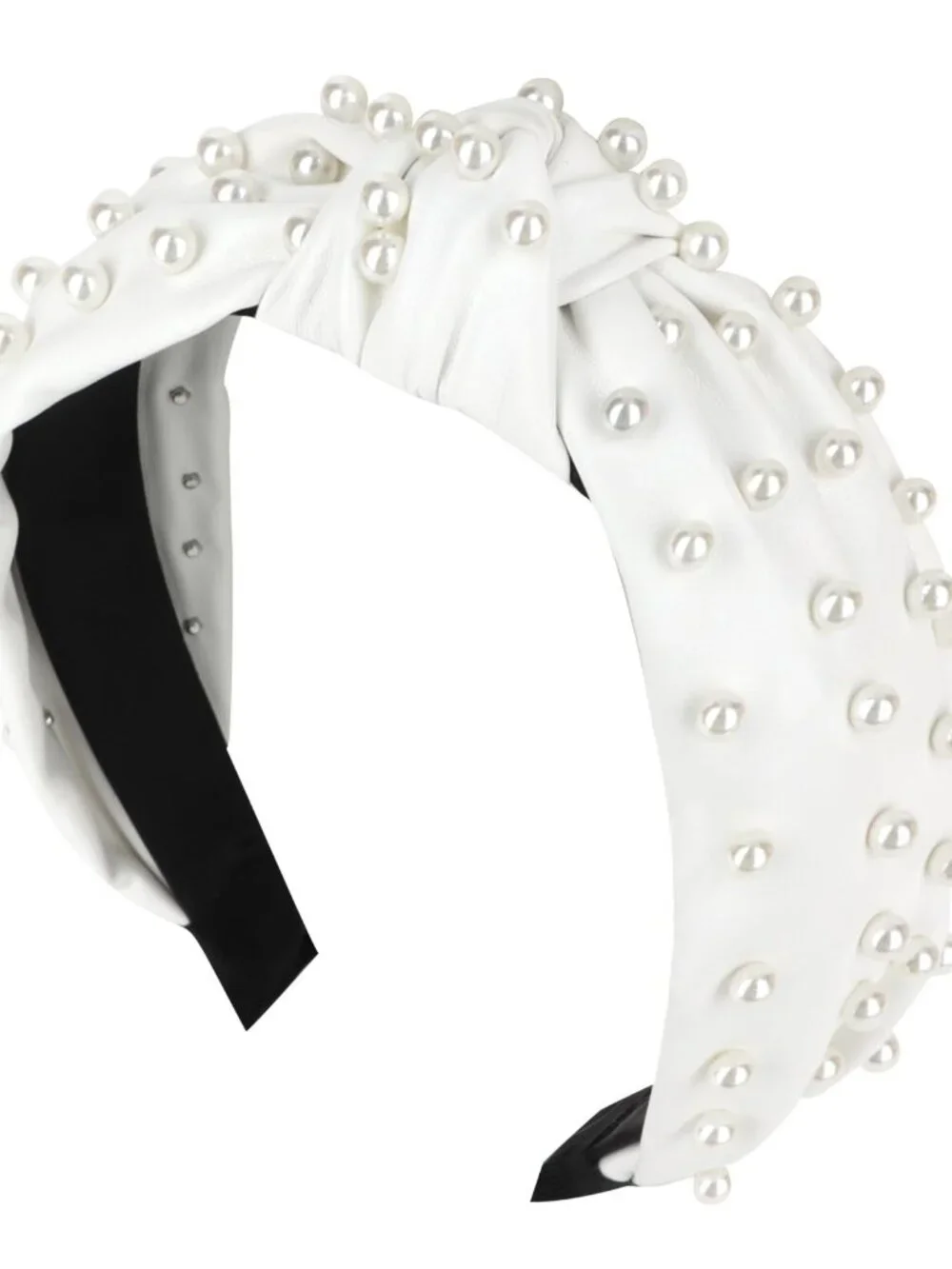 Pearl Embellished Knotted Headband for Women & Girls - Wide Faux Leather White H